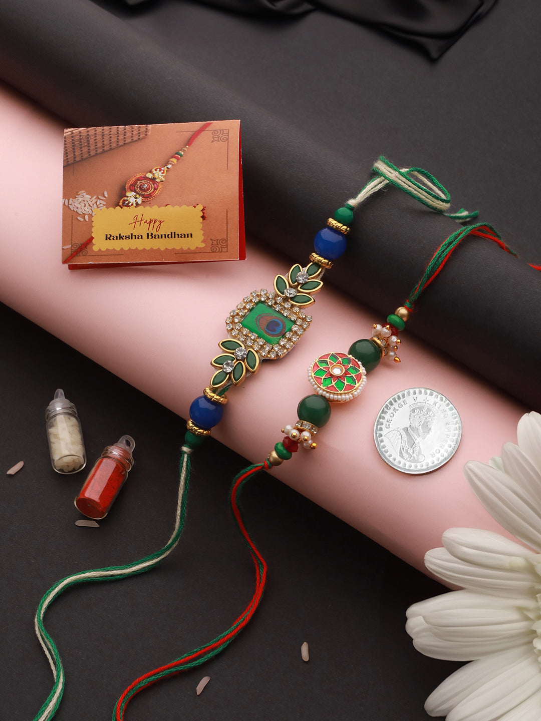 Set of 2 Kundan Green Meenakari Peacock Designer Rakhi with 999 Silver King George Round 10 gm Silver Coin